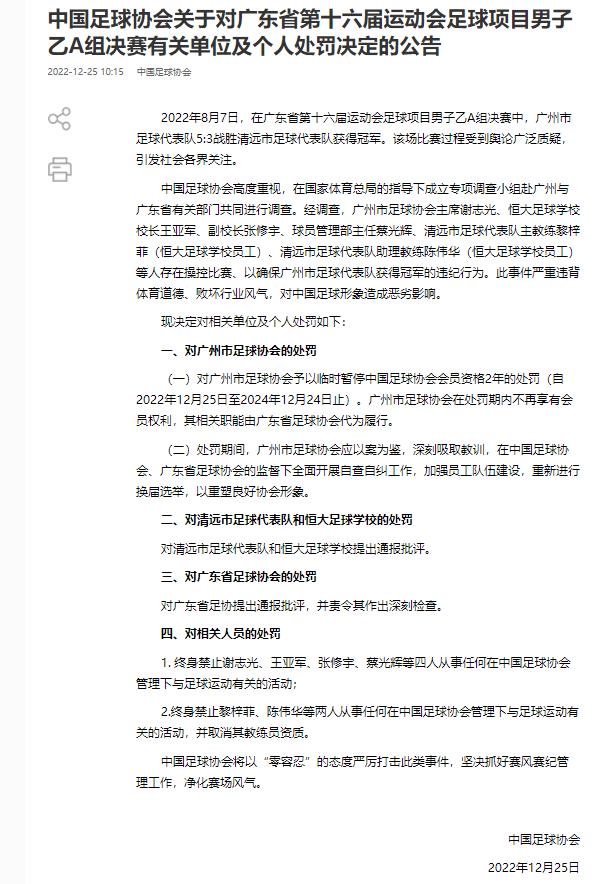 中国足协对涉案六人实施终身禁赛，并对广州足